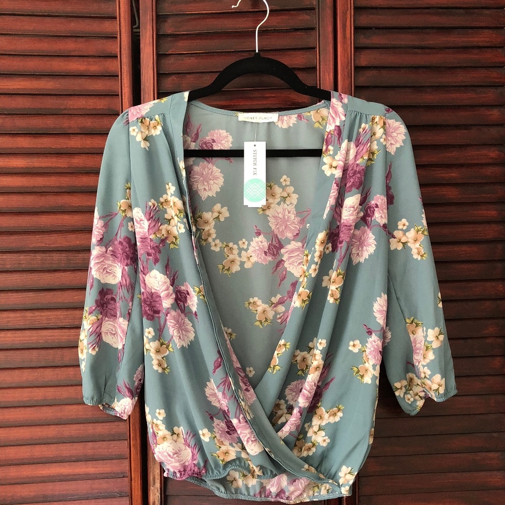 Teal, White and Purple Floral Blouse